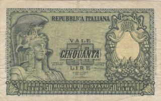 50 Lire Vg Banknote From Italy 1951 Pick - 91