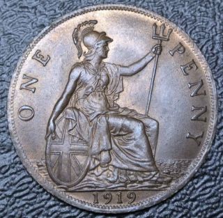 1919 Great Britain - One Penny - Bronze - George V - Wwi Era - Lustre