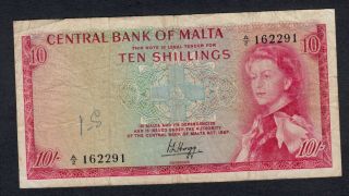 Malta 10 Shillings (1968) Pick 28a Fine.