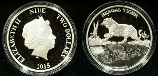 2015 Niue $2 Silver (1 Oz, .  999 Fine) Proof - Bengal Tiger - Pack &