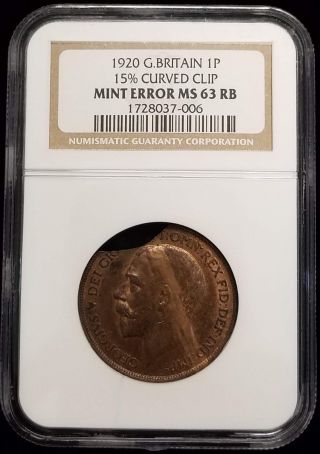 1920 Great Britain British 1p One Penny 15 Curved Clip Error Ngc Ms63 Rb