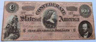1864 $100 Confederate States Of America Note,  Civil War Currency Bill (310902h)