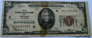 1929 $20 Federal Reserve Bank Of Chicago Note,  National Currency Bill (310833h)