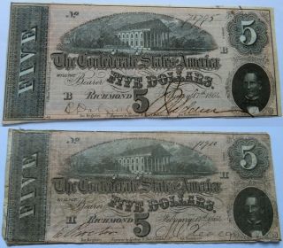 Two 1864 $5 Confederate States Notes B & H,  Civil War Era Currency (310825h)