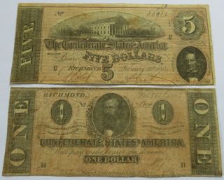 1864 $5,  $1 Confederate States Of America Notes,  Civil War Currency (301715g)