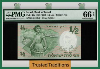 Tt Pk 29a 1958 /5718 Israel Bank Of Israel 1/2 Lira Pmg 66 Epq Gem Uncirculated