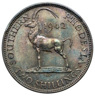 Southern Rhodesia 2 Shillings 1942 Silver Au,  