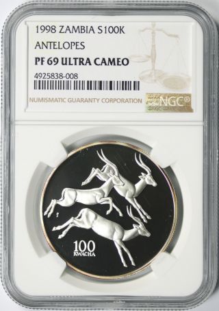 1998 Zambia Silver 100 Kwacha Ngc Pf69ucam Antelopes