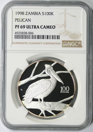 1998 Zambia Silver 100 Kwacha Ngc Pf69ucam Pelican