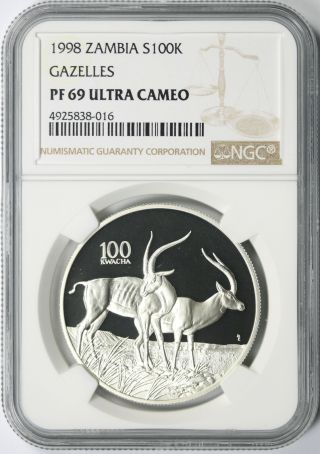 1998 Zambia Silver 100 Kwacha Ngc Pf69ucam Gazelles