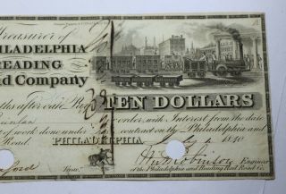 1840 $10 Ten Dollars The Philadelphia and Reading Railroad Company Obsolete Curr 3