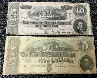 1864 $10 & $5 The Confederate States & United States Of America Notes