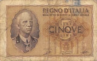 Italy / Kingdom 5 Lire 1940 Series 0102 Circulated Banknote Wkw