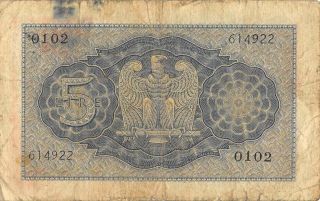 Italy / Kingdom 5 Lire 1940 Series 0102 Circulated Banknote WKW 2