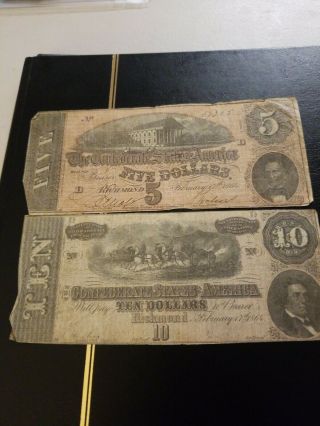 1864 Confederate Currency 5,  10 Dollar 2 Note Set