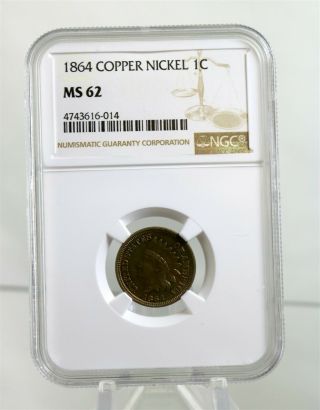 1864 Us Indian Head One Cent Copper Nickel 1¢ Ngc Ms62