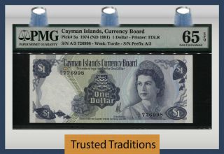 Tt Pk 5a 1974 Cayman Islands 1 Dollar " Queen Elizabeth " Pmg 65 Epq Gem 1 Of 7