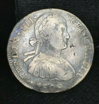 1809 Mo Hj Mexico Spanish 8 Reales.  896 Silver Coin Ferdin Chopmarks Toned Blue