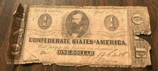 1863 One Dollar $1 Bill Richmond Virginia Confederate Currency Banknote