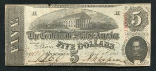 T - 60 1863 $5 Five Dollars Csa Confederate States Of America Currency Note