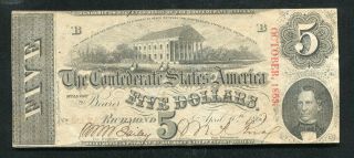 T - 60 1863 $5 Five Dollars Csa Confederate States Of America Currency Note Xf