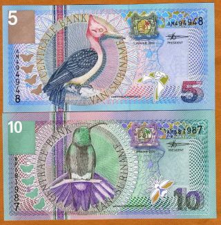 Suriname,  5,  10 Gulden,  Set,  2000,  Picks 146 - 147 Unc Very Colorful