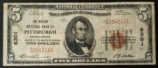 1929 $5 National Currency From The Mellon National Bank Of Pittsburgh,  Pa