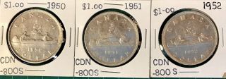 3 Canadian Silver Dollars 1950 1951 1952 Estate 800 2