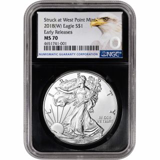 2018 - (w) American Silver Eagle - Ngc Ms70 - Early Releases - Grade 70 - Black