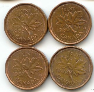 Canada 1985 1986 1987 1988 Pennies Canadian 1 Cent 1c Penny Exact Set Shown