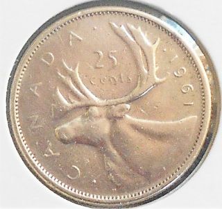 . 800 Silver 1961 Canada 25 Cents Quarter Dollar Km 52 Caribou Circ Wb 8