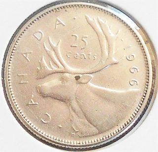 . 800 Silver 1966 Canada 25 Cents Quarter Dollar Km 52 Caribou Grade Wb 6