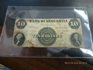 1854 The Bank Of Anacastia 10 Dollar Obsolete Currency