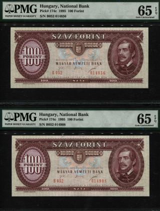 Tt Pk 174c 1995 Hungary - National Bank 100 Forint Pmg 65q Gem Unc Set Of Two