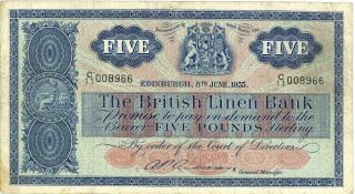 Scotland British Linen Bank 5 Pounds Currency Banknote 1955