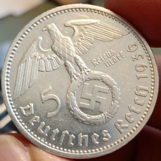 Xxrare German 5 Reichsmark 1936 G.  900/1000 Silver Coin Only 743,  000 Minted