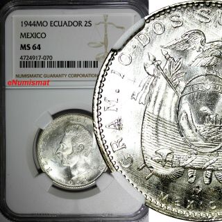 Ecuador Silver 1944 Mo (mexico) 2 Sucres,  Dos Ngc Ms64 28.  8mm Toning Km 80