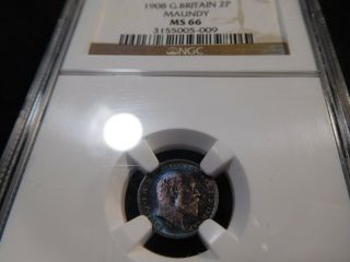 Y127 Great Britain 1908 Maundy 2 Pence Ngc Ms - 66 Blue Toning