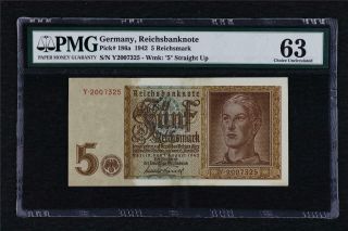1942 Germany Reichsbanknote 5 Rentenbank Pick 186a Pmg 63 Choice Unc