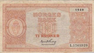1949 Norway 10 Kroner Noter,  Prefix L,  Pick 26k