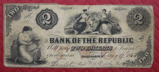 Providence Rhode Island August 9,  1853 Bank Of The Republic $2 Dollar Note