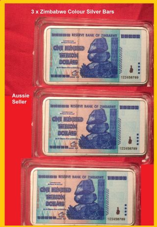 3 X Zimbabwe 100 Trillion Dollars Note Coloured Silver Plated Ingot Bullion Bar