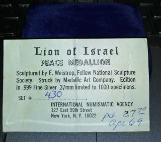Lion Of Israel.  999 Silver Medal