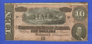 $10 Dollar Large 1864 Confederate T68 Civil War Paper Money Currency Sc Ga Note