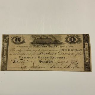 1814 $1 Farmers Bank Troy York Vermont Glass Factory Rar Banknote