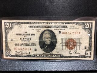 1929 Federal Reserve Bank Of York Ny $20 National Currency