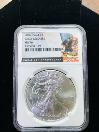 2016 Ngc Ms70 Er $1 Silver American Eagle 30th Anniversary Label Early Releases