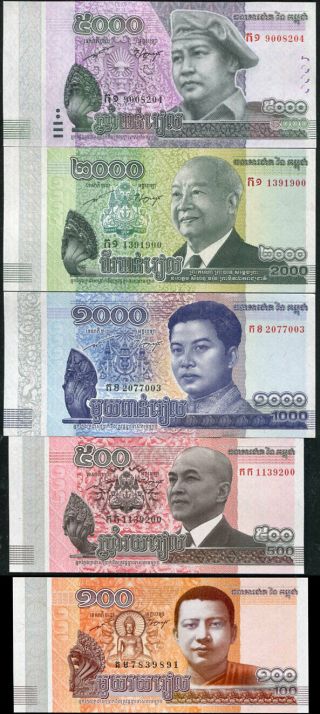 Cambodia Set 5;100 500 1000 2000 5000 Riels 2015 - 2017 P 64 65 66 Comm Unc Nr