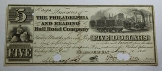 1840 $5 Five Dollars The Philadelphia And Reading Rail Road Company Currency