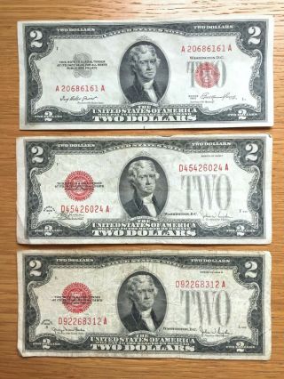 Three Red Seal $2 Two - Dollar Bills - Us Notes - 1928 - F,  1928 - G,  And 1953